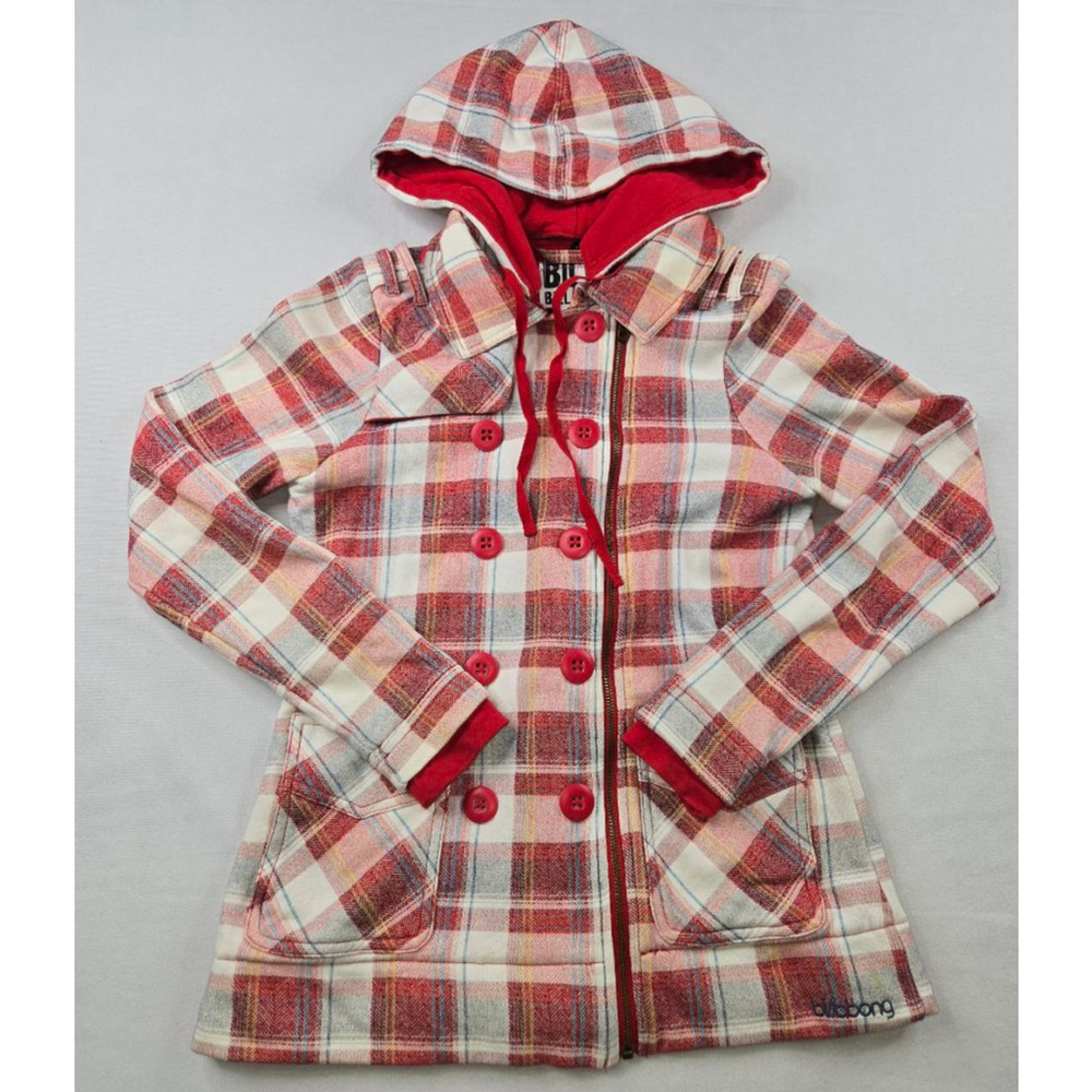 Women's Billabong Red White Plaid Hooded Double Breasted Jacket S